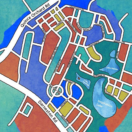 街路と街区、湖の配置を色分けで描いたケントランズのマスタープラン図