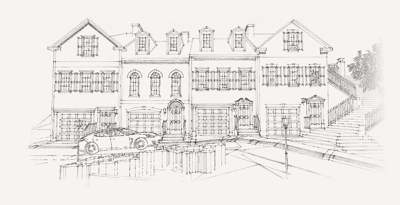 斜面に沿って建つ連続住宅と、その前を通る道路を手描きの線で描いた街並みのスケッチ